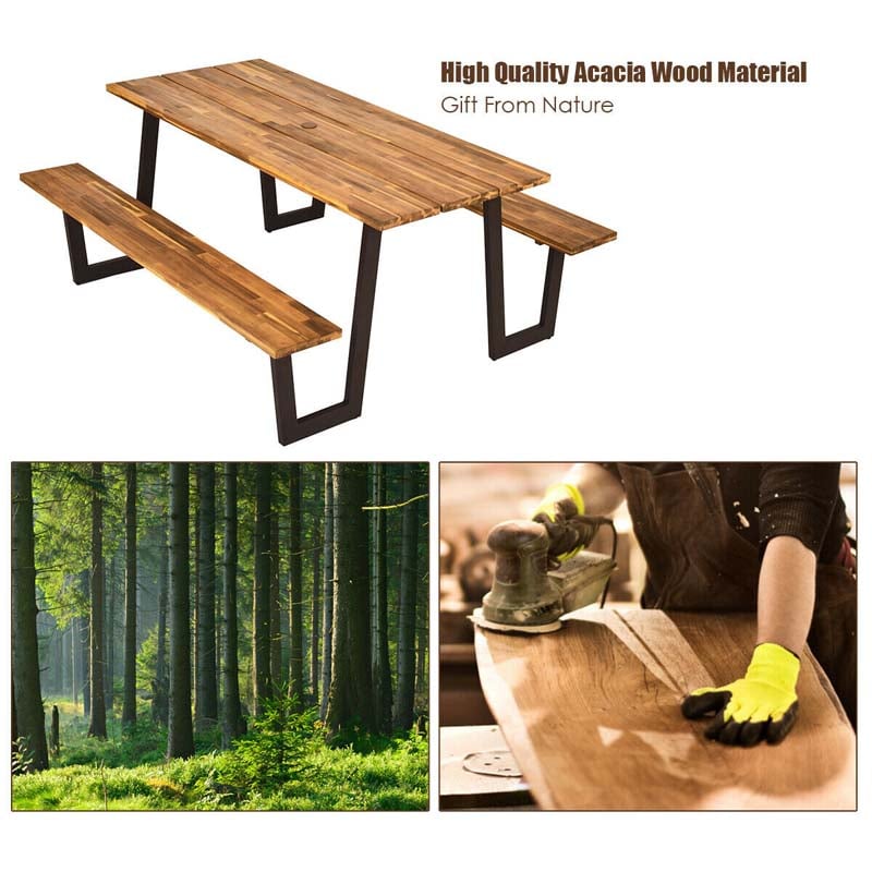 70" Patented Acacia Wood Picnic Table Bench Set with Umbrella Hole, 6-8 Person Outdoor Patio Dining Table, Heavy Duty Metal Frame Beer Garden Table