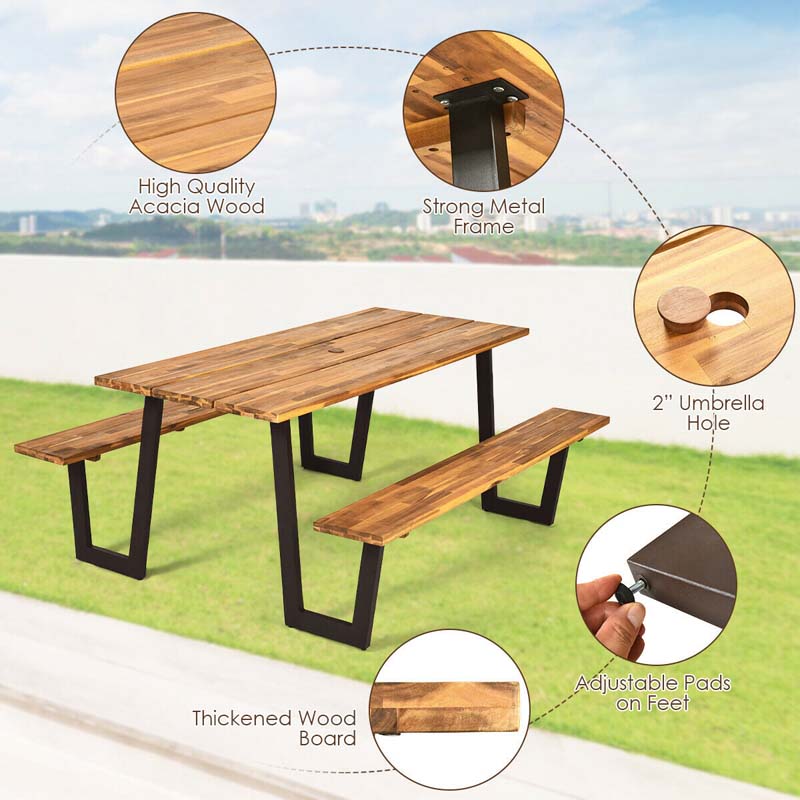 70" Patented Acacia Wood Picnic Table Bench Set with Umbrella Hole, 6-8 Person Outdoor Patio Dining Table, Heavy Duty Metal Frame Beer Garden Table