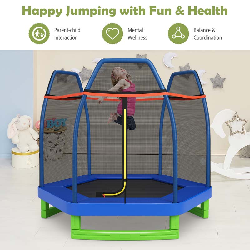 7FT Kids Trampoline with Safety Enclosure Net, ASTM Approved & Widened Base, Indoor Outdoor Recreational Trampoline for Toddlers Ages 3+