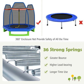 7FT Kids Trampoline with Safety Enclosure Net, ASTM Approved & Widened Base, Indoor Outdoor Recreational Trampoline for Toddlers Ages 3+