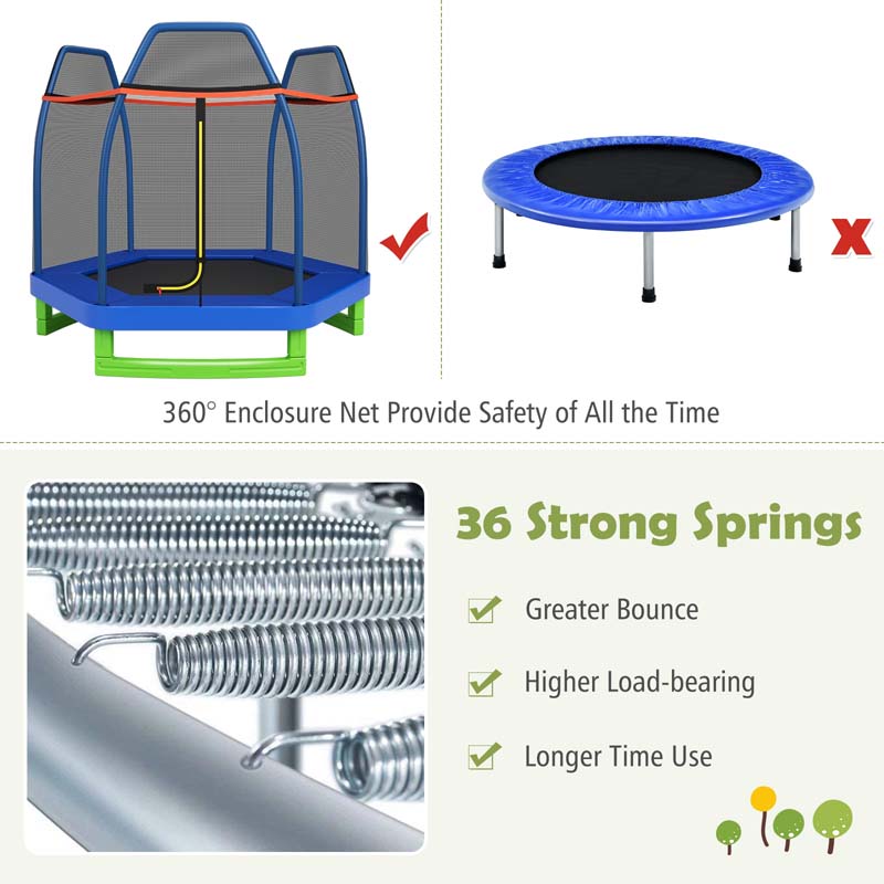 7FT Kids Trampoline with Safety Enclosure Net, ASTM Approved & Widened Base, Indoor Outdoor Recreational Trampoline for Toddlers Ages 3+