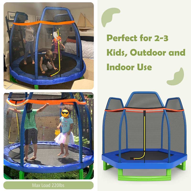 7FT Kids Trampoline with Safety Enclosure Net, ASTM Approved & Widened Base, Indoor Outdoor Recreational Trampoline for Toddlers Ages 3+