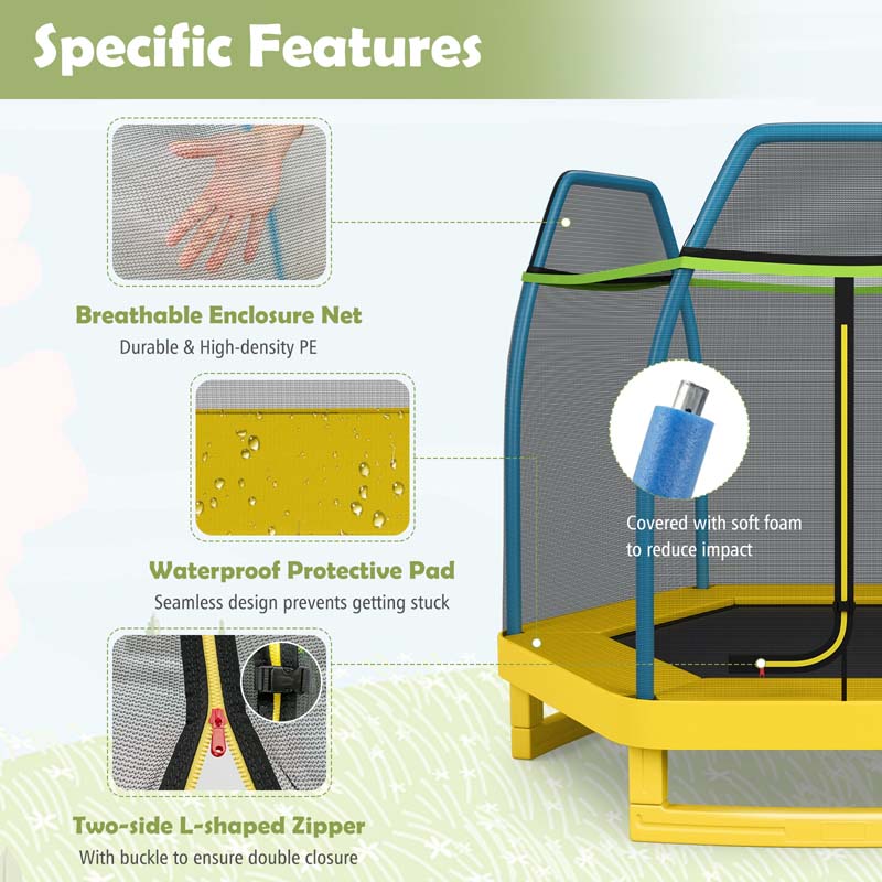 7FT Kids Trampoline with Safety Enclosure Net, ASTM Approved & Widened Base, Indoor Outdoor Recreational Trampoline for Toddlers Ages 3+