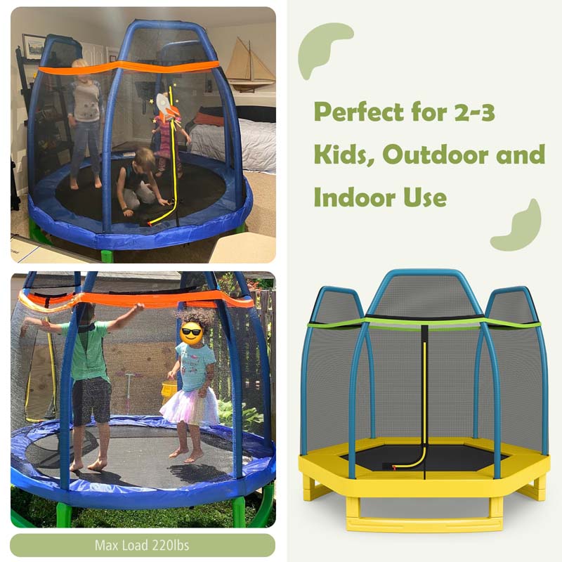 7FT Kids Trampoline with Safety Enclosure Net, ASTM Approved & Widened Base, Indoor Outdoor Recreational Trampoline for Toddlers Ages 3+