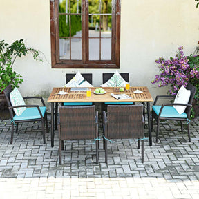 7 Piece Rattan Patio Dining Set with Umbrella Hole, Acacia Wood Tabletop, Cushioned Chairs