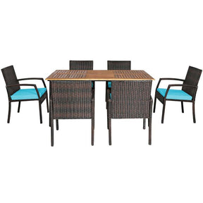 7 Piece Rattan Patio Dining Set with Umbrella Hole, Acacia Wood Tabletop, Cushioned Chairs