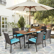 7 Piece Rattan Patio Dining Set with Umbrella Hole, Acacia Wood Tabletop, Cushioned Chairs