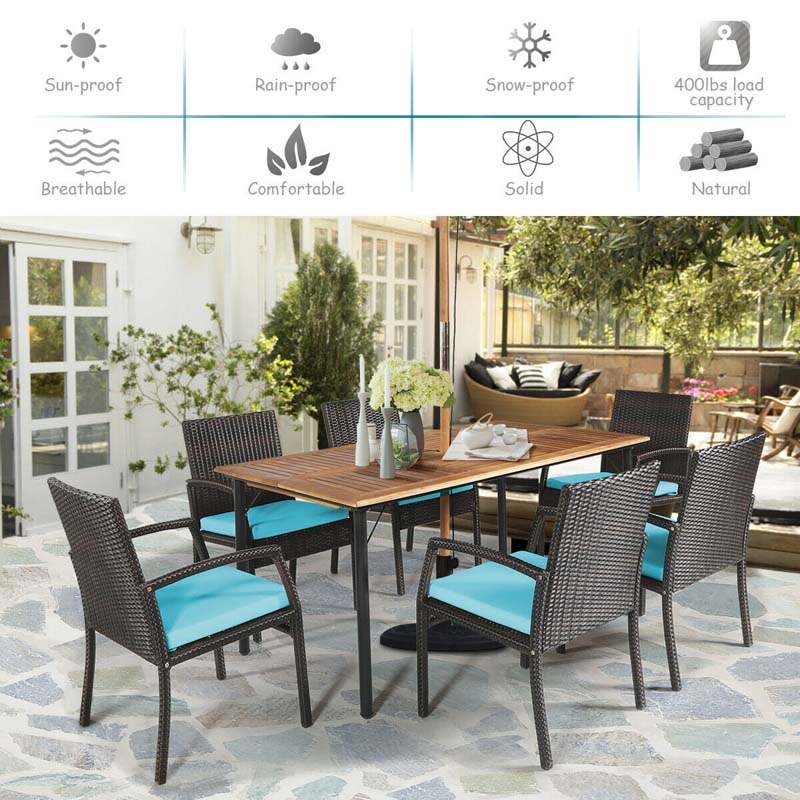 7 Piece Rattan Patio Dining Set with Umbrella Hole, Acacia Wood Tabletop, Cushioned Chairs