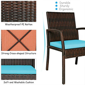 7 Piece Rattan Patio Dining Set with Umbrella Hole, Acacia Wood Tabletop, Cushioned Chairs