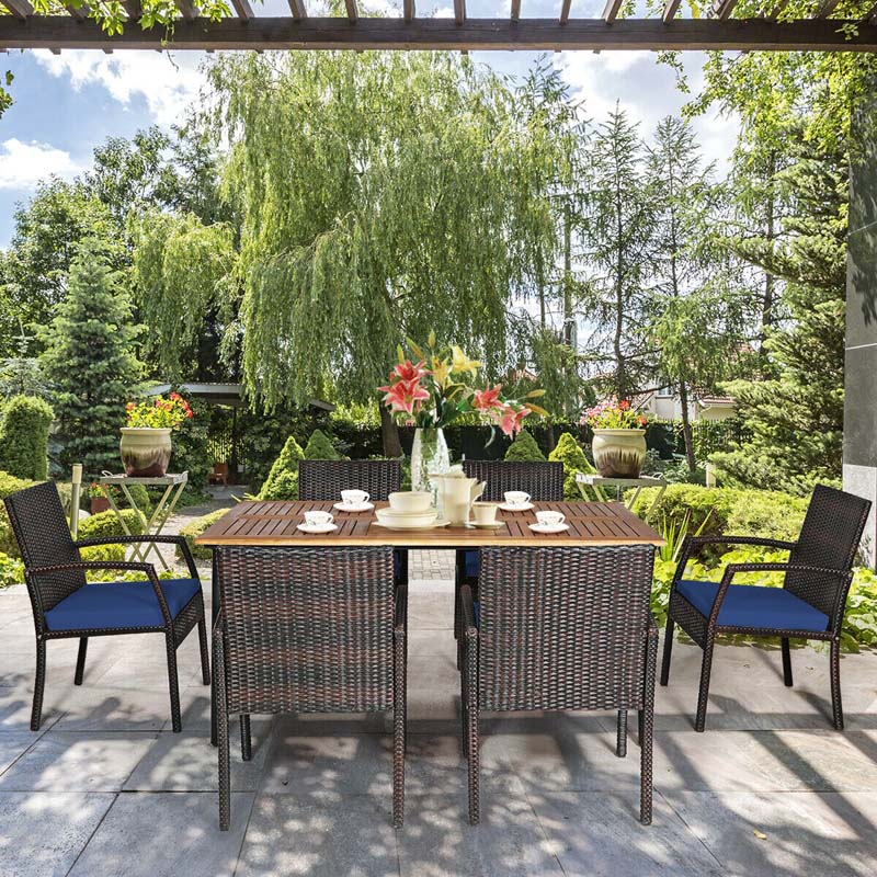 7 Piece Rattan Patio Dining Set with Umbrella Hole, Acacia Wood Tabletop, Cushioned Chairs