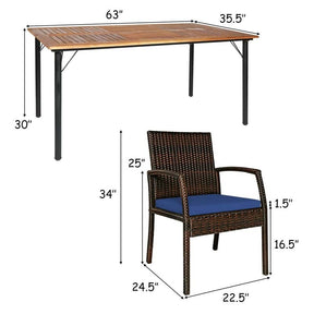 7 Piece Rattan Patio Dining Set with Umbrella Hole, Acacia Wood Tabletop, Cushioned Chairs