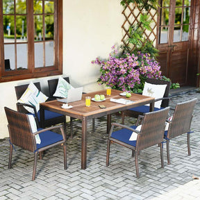 7 Piece Rattan Patio Dining Set with Umbrella Hole, Acacia Wood Tabletop, Cushioned Chairs