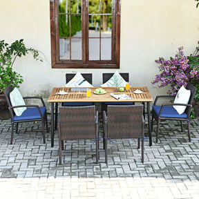 7 Piece Rattan Patio Dining Set with Umbrella Hole, Acacia Wood Tabletop, Cushioned Chairs