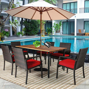 7 Piece Rattan Patio Dining Set with Umbrella Hole, Acacia Wood Tabletop, Cushioned Chairs