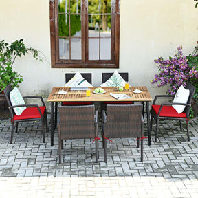 7 Piece Rattan Patio Dining Set with Umbrella Hole, Acacia Wood Tabletop, Cushioned Chairs