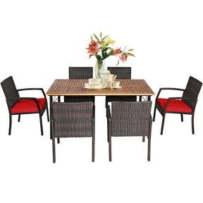 7 Piece Rattan Patio Dining Set with Umbrella Hole, Acacia Wood Tabletop, Cushioned Chairs