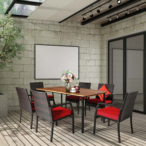 7 Piece Rattan Patio Dining Set with Umbrella Hole, Acacia Wood Tabletop, Cushioned Chairs