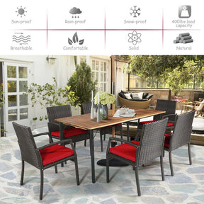 7 Piece Rattan Patio Dining Set with Umbrella Hole, Acacia Wood Tabletop, Cushioned Chairs