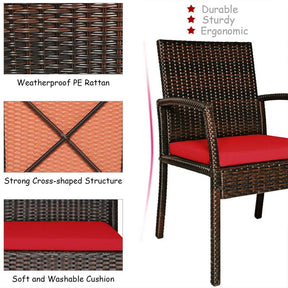 7 Piece Rattan Patio Dining Set with Umbrella Hole, Acacia Wood Tabletop, Cushioned Chairs