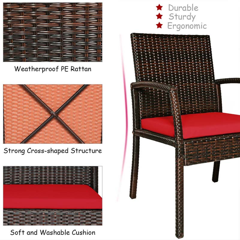 7 Piece Rattan Patio Dining Set with Umbrella Hole, Acacia Wood Tabletop, Cushioned Chairs