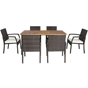 7 Piece Rattan Patio Dining Set with Umbrella Hole, Acacia Wood Tabletop, Cushioned Chairs