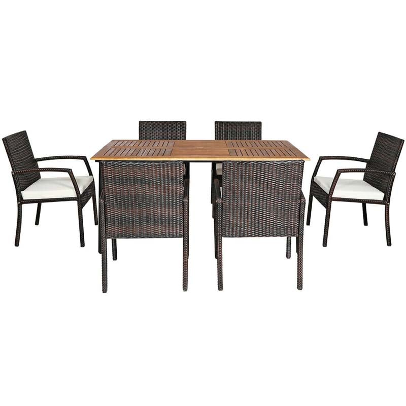 7 Piece Rattan Patio Dining Set with Umbrella Hole, Acacia Wood Tabletop, Cushioned Chairs