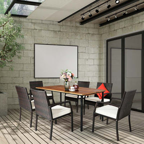 7 Piece Rattan Patio Dining Set with Umbrella Hole, Acacia Wood Tabletop, Cushioned Chairs