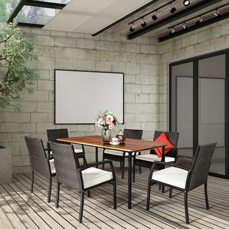 7 Piece Rattan Patio Dining Set with Umbrella Hole, Acacia Wood Tabletop, Cushioned Chairs