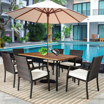 7 Piece Rattan Patio Dining Set with Umbrella Hole, Acacia Wood Tabletop, Cushioned Chairs