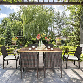 7 Piece Rattan Patio Dining Set with Umbrella Hole, Acacia Wood Tabletop, Cushioned Chairs