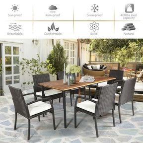 7 Piece Rattan Patio Dining Set with Umbrella Hole, Acacia Wood Tabletop, Cushioned Chairs