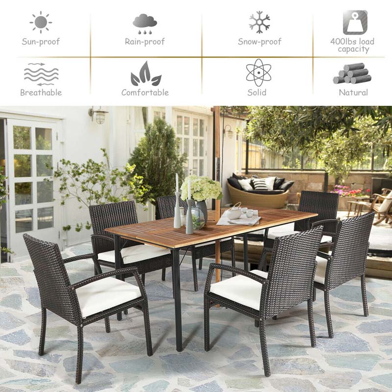 7 Piece Rattan Patio Dining Set with Umbrella Hole, Acacia Wood Tabletop, Cushioned Chairs
