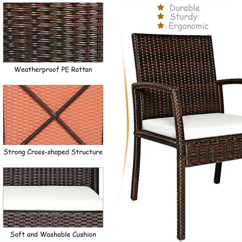7 Piece Rattan Patio Dining Set with Umbrella Hole, Acacia Wood Tabletop, Cushioned Chairs