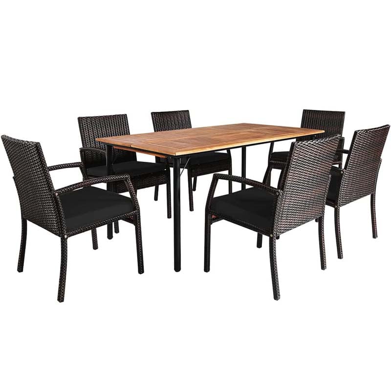7 Piece Rattan Patio Dining Set with Umbrella Hole, Acacia Wood Tabletop, Cushioned Chairs