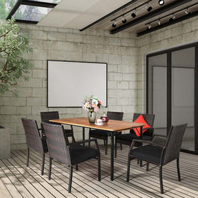 7 Piece Rattan Patio Dining Set with Umbrella Hole, Acacia Wood Tabletop, Cushioned Chairs