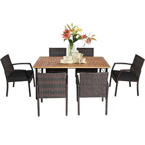 7 Piece Rattan Patio Dining Set with Umbrella Hole, Acacia Wood Tabletop, Cushioned Chairs