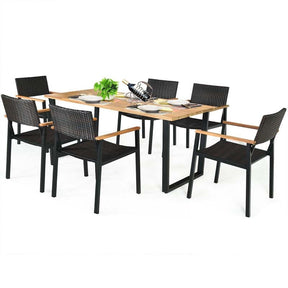 7 Pcs Rattan Patio Dining Set with 2.16'' Umbrella Hole, Acacia Wood Tabletop, Wicker Armchairs