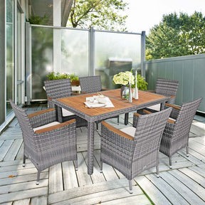 7 Pcs Rattan Wicker Outdoor Patio Dining Furniture Set with Acacia Wood Table & 6 Cushioned Armchairs