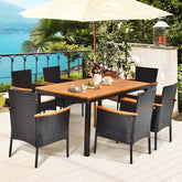 7 Pcs Rattan Patio Dining Set with Umbrella Hole, Acacia Wood Tabletop & Cushioned Stackable Armchairs