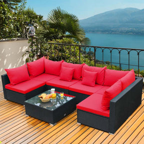 7 Pcs Rattan Patio Furniture Sectional Sofa Set Outdoor Wicker Conversation Set with Back & Seat Cushions Pillows