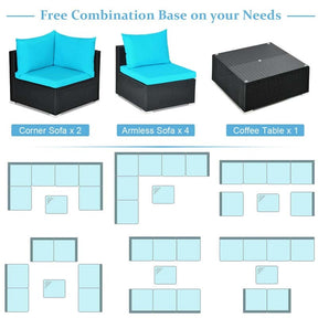 7 Pcs Rattan Patio Furniture Sectional Sofa Set Outdoor Wicker Conversation Set with Back & Seat Cushions Pillows