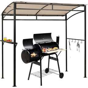 7x4.5 FT Outdoor Patio Grill Gazebo, Curved BBQ Canopy Shelter with Serving Shelves, Storage Hooks & Heavy-Duty Steel Frame for Backyard Garden