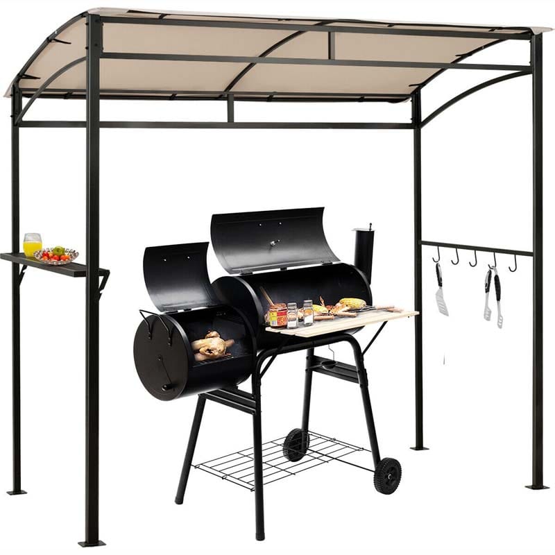 7x4.5 FT Outdoor Patio Grill Gazebo, Curved BBQ Canopy Shelter with Serving Shelves, Storage Hooks & Heavy-Duty Steel Frame for Backyard Garden