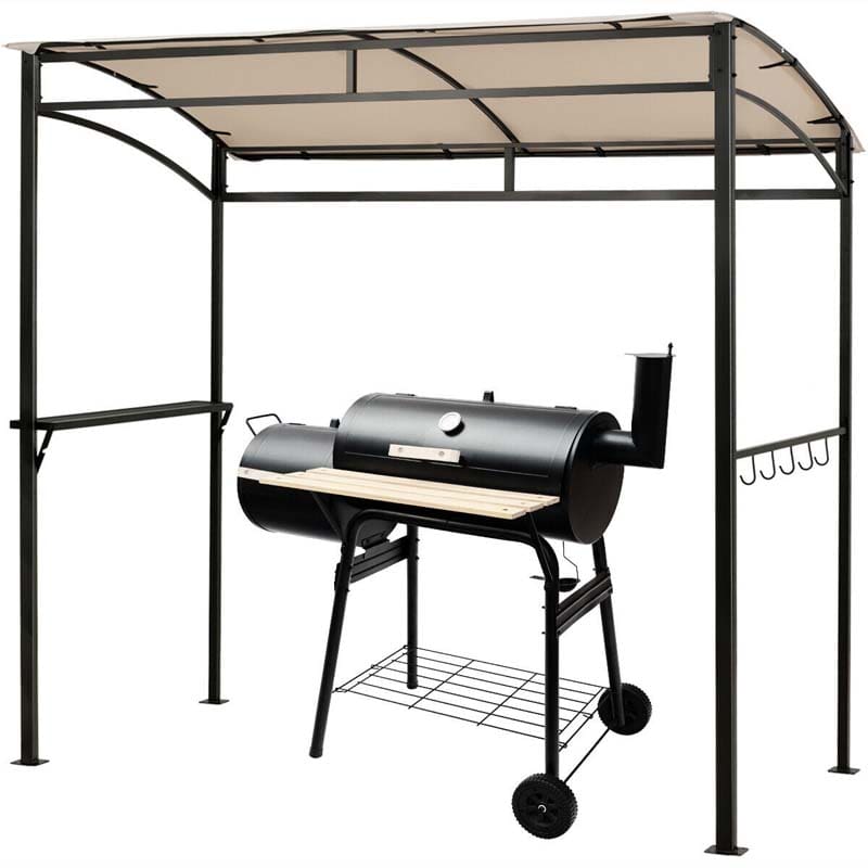 7x4.5 FT Outdoor Patio Grill Gazebo, Curved BBQ Canopy Shelter with Serving Shelves, Storage Hooks & Heavy-Duty Steel Frame for Backyard Garden