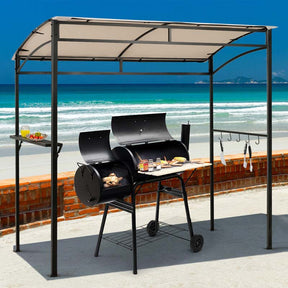 7x4.5 FT Outdoor Patio Grill Gazebo, Curved BBQ Canopy Shelter with Serving Shelves, Storage Hooks & Heavy-Duty Steel Frame for Backyard Garden