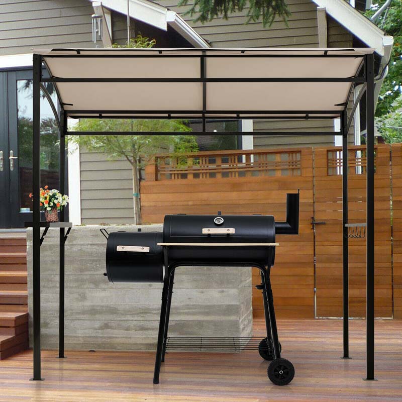7x4.5 FT Outdoor Patio Grill Gazebo, Curved BBQ Canopy Shelter with Serving Shelves, Storage Hooks & Heavy-Duty Steel Frame for Backyard Garden