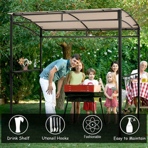7x4.5 FT Outdoor Patio Grill Gazebo, Curved BBQ Canopy Shelter with Serving Shelves, Storage Hooks & Heavy-Duty Steel Frame for Backyard Garden