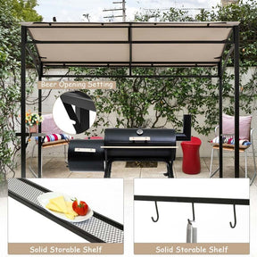 7x4.5 FT Outdoor Patio Grill Gazebo, Curved BBQ Canopy Shelter with Serving Shelves, Storage Hooks & Heavy-Duty Steel Frame for Backyard Garden