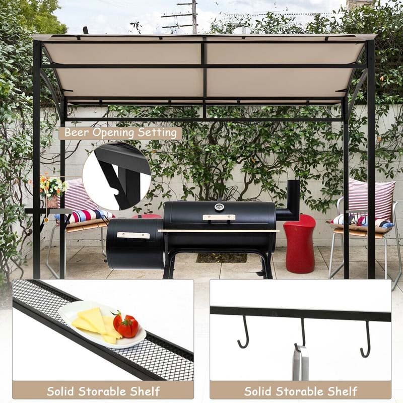 7x4.5 FT Outdoor Patio Grill Gazebo, Curved BBQ Canopy Shelter with Serving Shelves, Storage Hooks & Heavy-Duty Steel Frame for Backyard Garden
