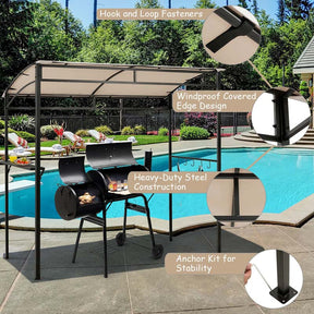 7x4.5 FT Outdoor Patio Grill Gazebo, Curved BBQ Canopy Shelter with Serving Shelves, Storage Hooks & Heavy-Duty Steel Frame for Backyard Garden